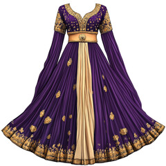 Obraz premium graphic illustration of a traditional Indian Anarkali dress with royal purple and gold embellishments, flowing pleats, elegant contours, transparent background, PNG