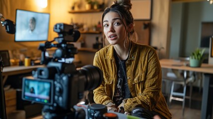 Female Influencer Live Streaming in Home Studio