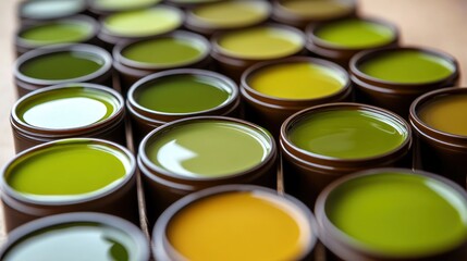 Fototapeta premium Assorted green and yellow tins on wooden surface