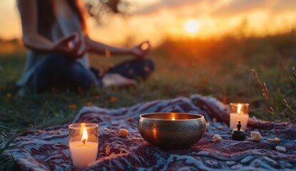 Woman meditating outdoors at sunset, with candles and singing bowl on a blanket.