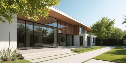 Fototapeta premium Modern House Featuring Expansive Patio and Large Glass Door Blending Elegance with Contemporary Design