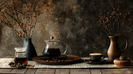 Elegant coffee still life arrangement cozy home setting artistic composition warm lighting inviting atmosphere