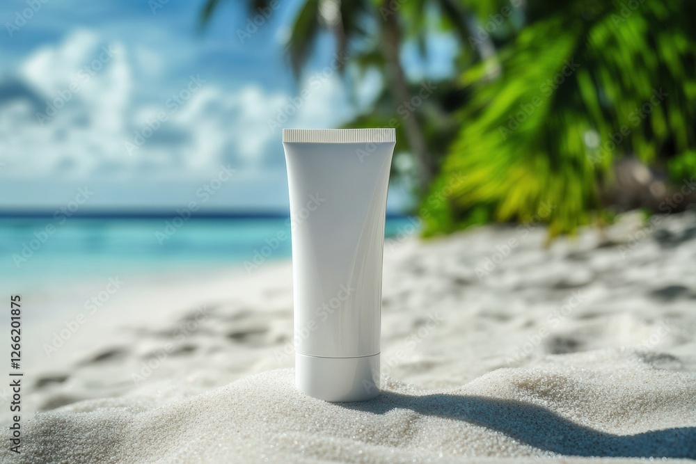 Poster cosmetics cream tube resting on soft sand with beach and palm trees in the background during bright 