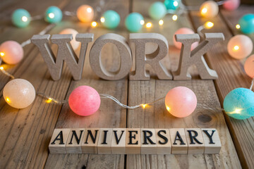 Work anniversary celebration with wooden decor, balloons and festive lights on a table creating a joyful office party atmosphere