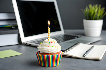 Work anniversary cupcake with white frosting, colorful sprinkles and a striped wrapper placed beside a laptop on a modern office desk