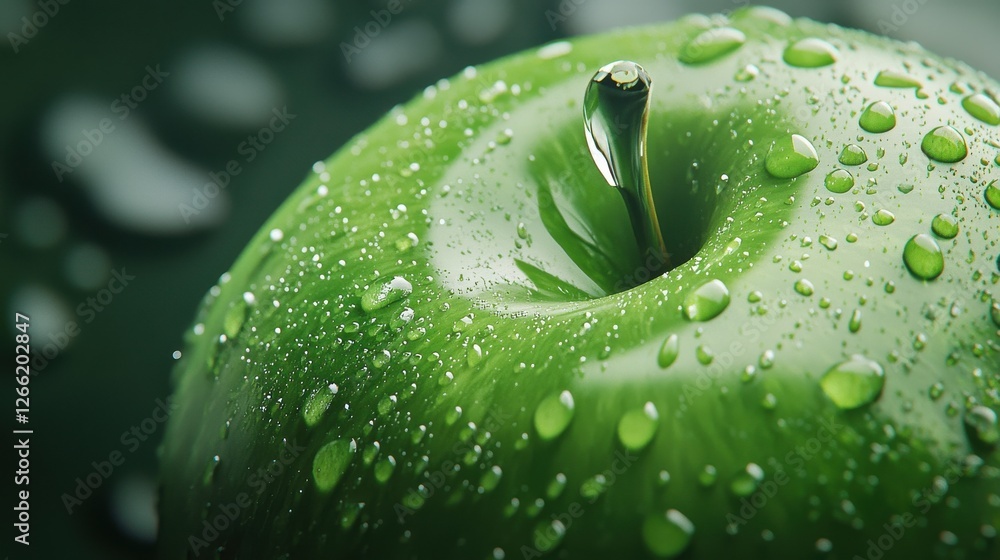 Poster a green apple with a stem and a drop of water on it