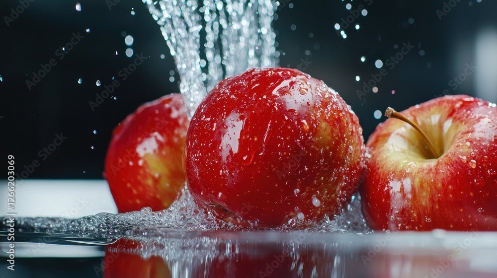 Poster three apples are falling into a stream of water