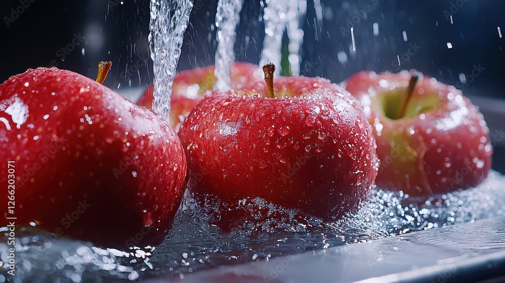 Poster three apples are being washed in a sink