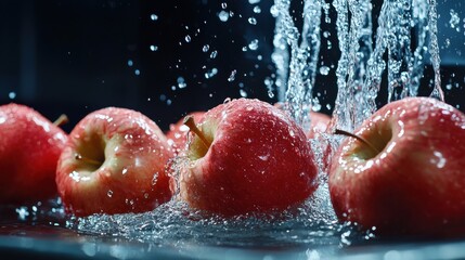 A bunch of apples are being washed in a sink