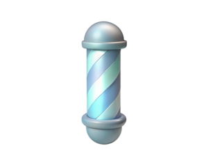 A modern and sleek holographic 3D icon of a barber pole, with a glossy, gradient design of blue and mint swirls, isolated on white background, ideal for beauty, salon, and grooming digital design