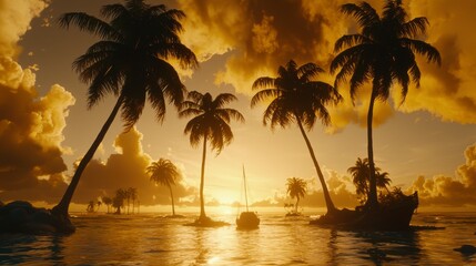 Serene Sunset Over Tropical Island with Silhouetted Palm Trees and Boat on Calm Waters