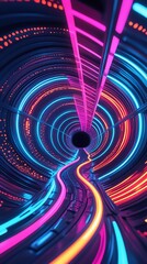 Futuristic neon tunnel with infinite depth, glowing blue and pink cyberpunk lights, representing digital acceleration, technology advancements, and immersive virtual environments

