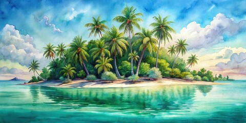 Serene Tropical Island Paradise A Lush Watercolor Painting of a Picturesque Sandy Beach, Abundant Palm Trees, and Tranquil Turquoise Waters under a Vivid Sky