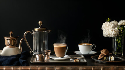 Fototapeta premium Elegant coffee still life with fresh flowers cozy setting photography luxurious ambiance close-up gourmet experience