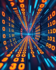 Fast-moving digital data stream with glowing binary numbers, representing artificial intelligence, cybersecurity, blockchain, and futuristic cyber technology in a high-tech virtual world

