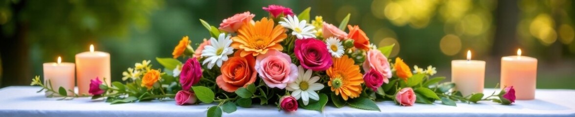 Naklejka premium Fresh bouquet of colorful flowers arranged on a white tablecloth surrounded by candles and greenery , bouquet, floral, home