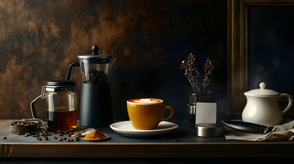 Indulging in luxury elegant coffee still life arrangement cozy setting warm ambiance close-up perspective comfort and sophistication