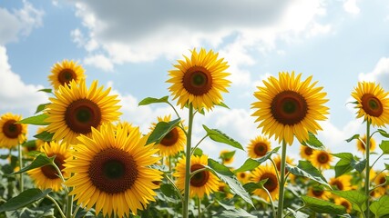 Fototapeta premium Vibrant Field of Sunflowers Stretching Towards Azure Sky Under Bright Sunlight Creating Cheerful Scene