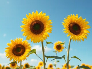 Obraz premium Vibrant Field of Sunflowers Under Bright Blue Sky Eliciting Joy and Serenity in Nature's Splendor