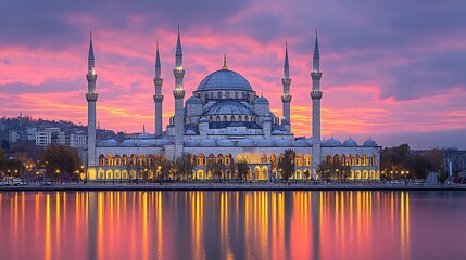 Fototapeta premium Mosque sunset waterfront city reflection travel