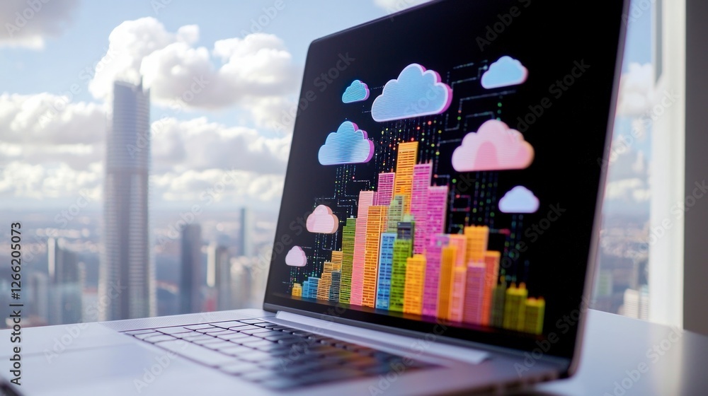 Poster cloud computing data laptop screen showing digital cityscape