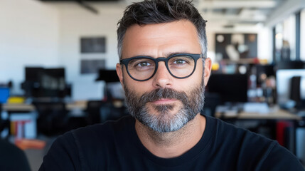 Confident man with glasses in modern office setting, showcasing professionalism