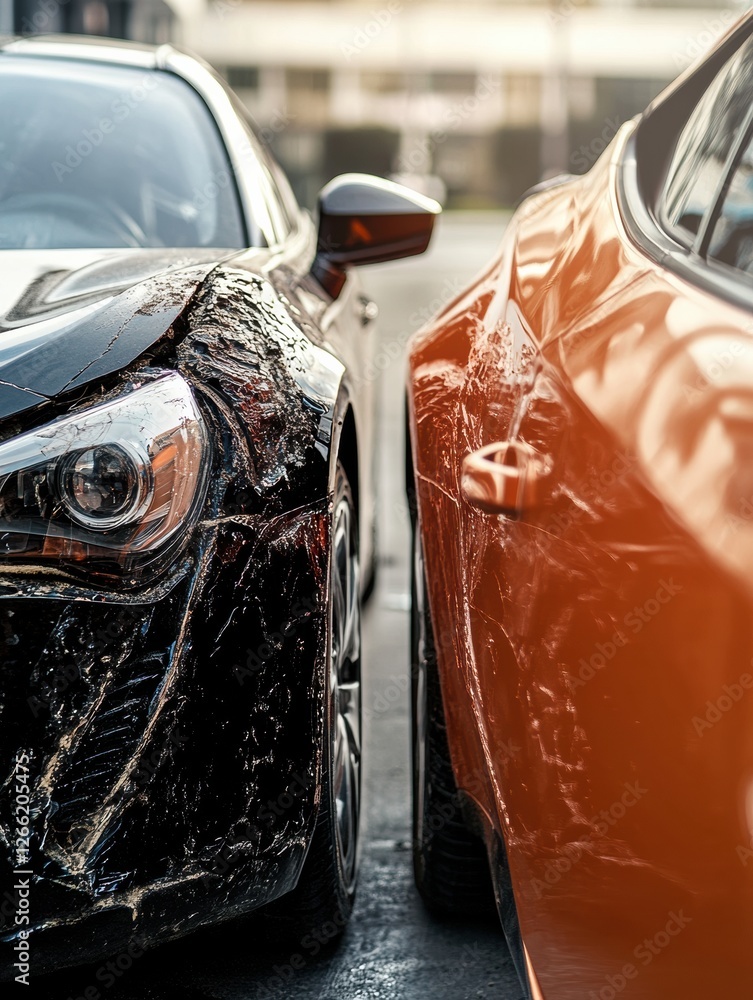Poster side by side comparison of a scratched and dirty car versus a shiny polished vehicle outdoors in bri