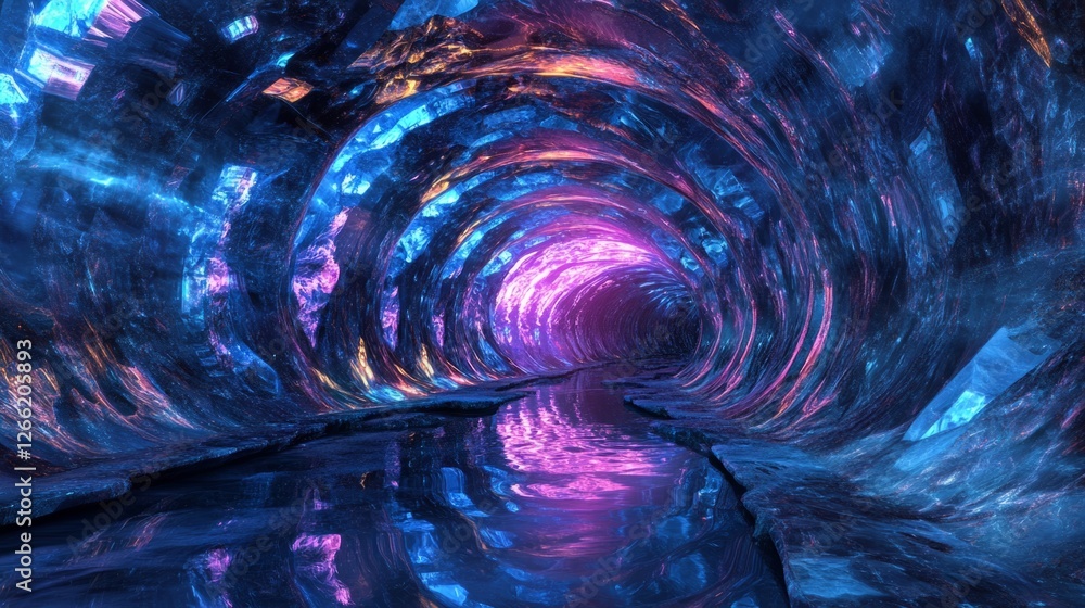 Poster abstract 3d environment with pulsating neon lights, deep blue and magenta reflections, and a mysteri