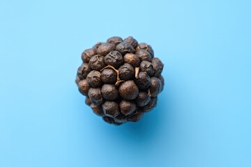 Heap of dried black peppercorns resting on a blue surface