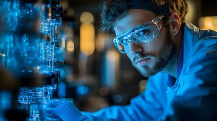 Scientist inspecting microchip, lab, night, innovation