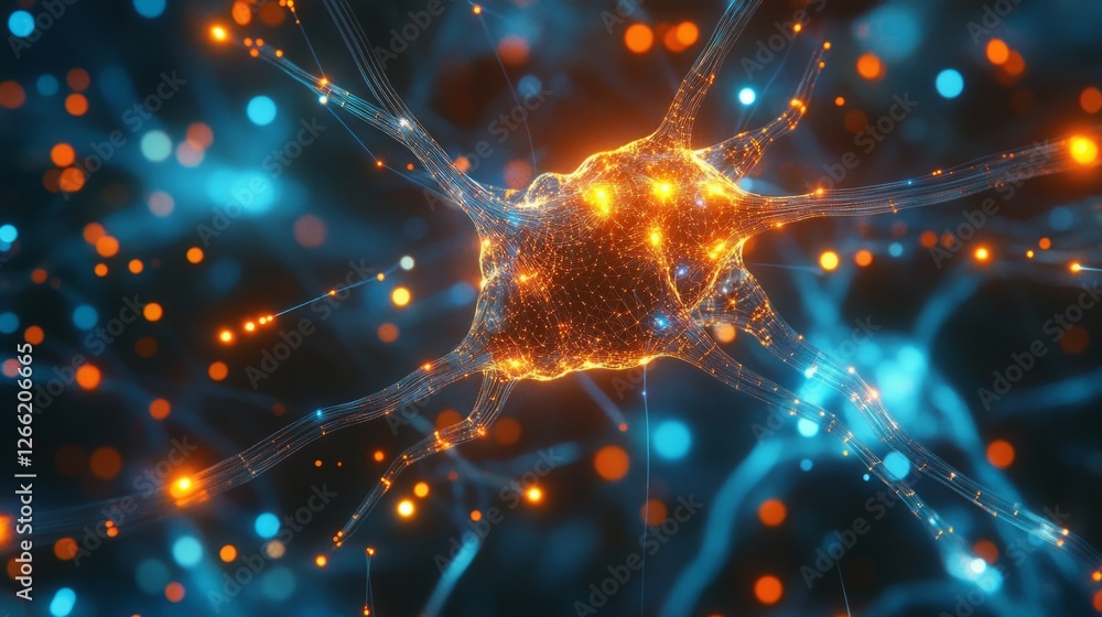 Poster abstract ai neural network processing information, deep learning technology represented by glowing c