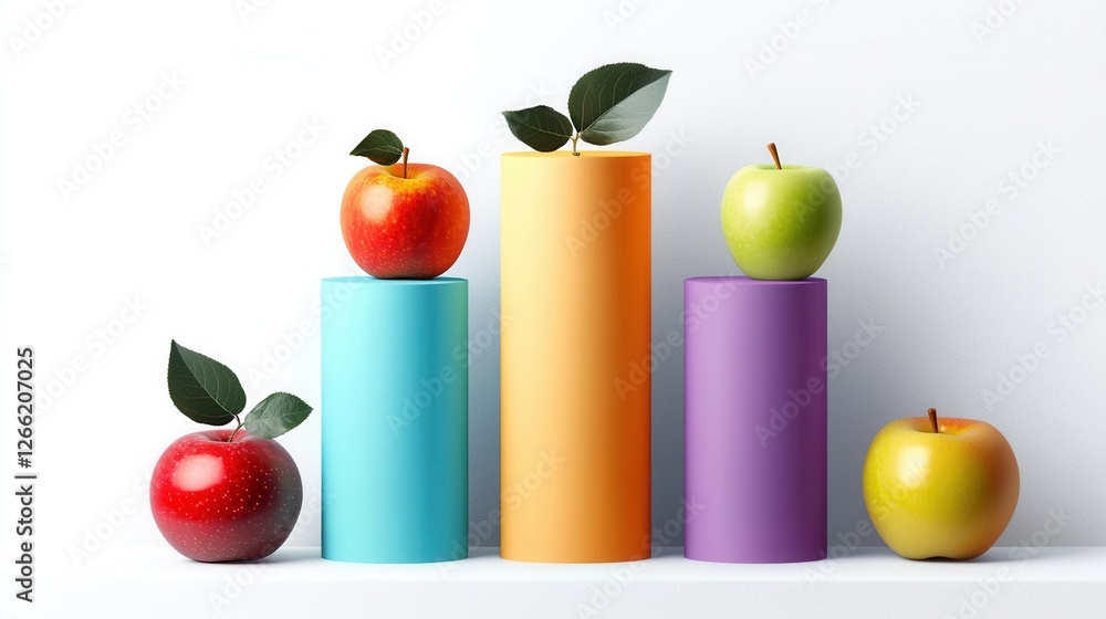 Poster A row of apples are displayed on three different colored pedestals