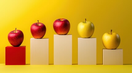 A row of five apples, with one red and four yellow