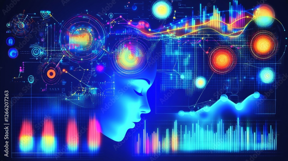 Poster abstract data science concept, complex information represented by glowing graphs, bar charts, and ne
