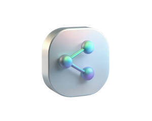 A futuristic 3D icon representing the concept of sharing, with glowing spheres and connecting lines, isolated on white background. Perfect for social media, technology, and digital communication theme