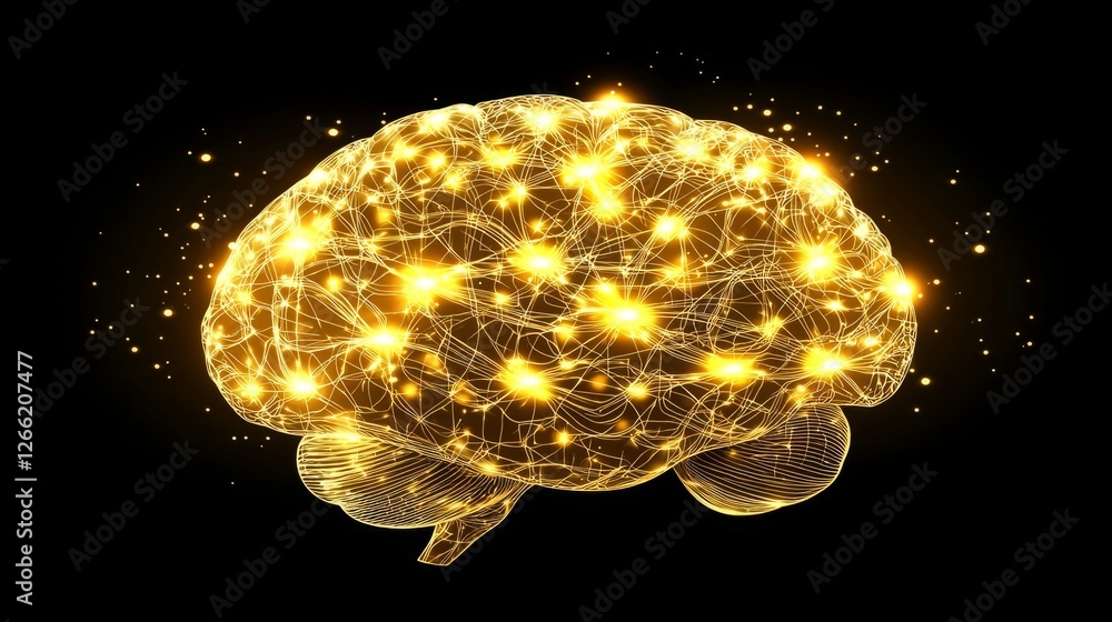 Poster abstract digital brain with golden particles and pulsating neural connections, set against a dark sc