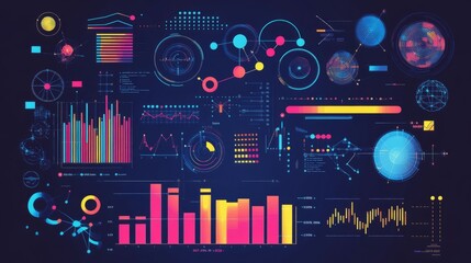 Obraz premium Abstract data science concept, complex information represented by glowing graphs, bar charts, and neural networks over deep blue background