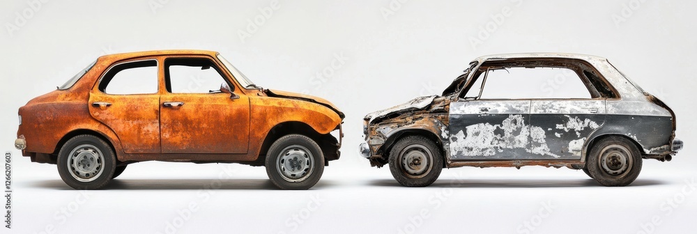 Poster comparison of a dented rusted car alongside a fully repaired vehicle showcasing before and after res