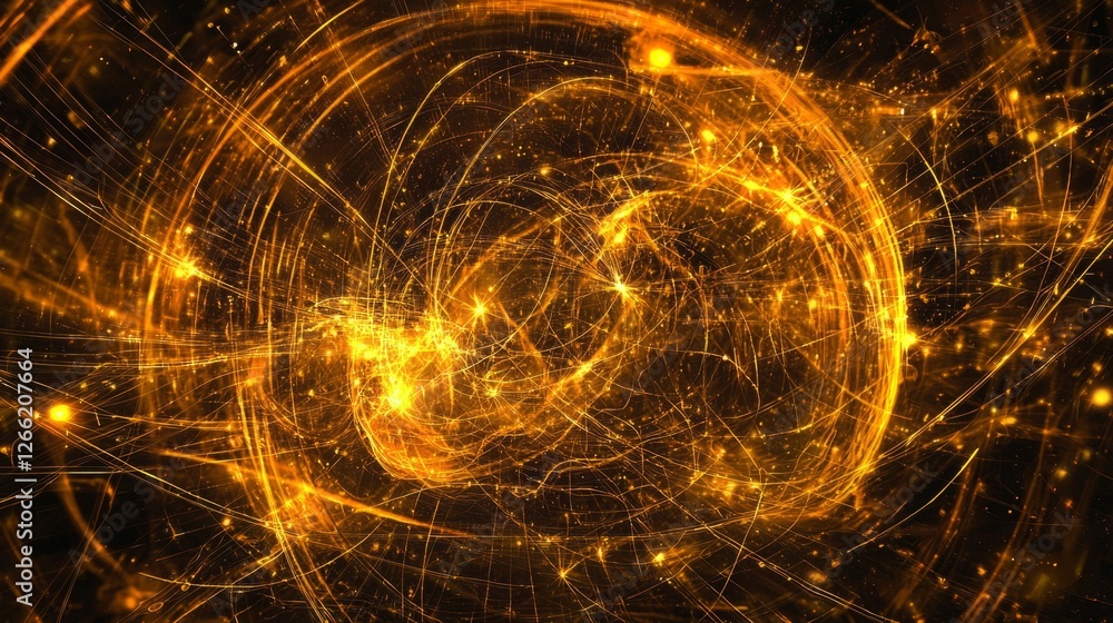 Poster abstract digital brain with golden particles and pulsating neural connections, set against a dark sc