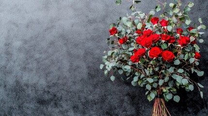 Fototapeta premium Romantic Red Rose Bouquet with Eucalyptus on Dark Background