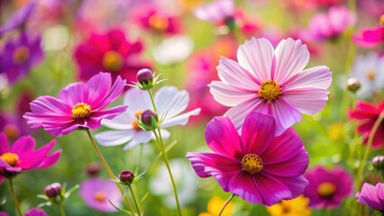 Close-up of vibrant cosmos flower blossoms in a colorful garden, cosmos, flower, blossom, vibrant, close-up, colorful, garden
