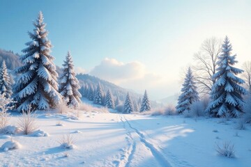 Fototapeta premium Frosty landscape with snow-covered trees and bare sky, barren, winter