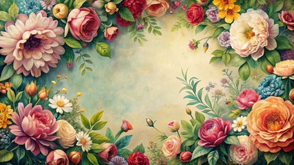 Fototapeta premium Beautiful vintage inspired floral background with colorful flowers and delicate leaves , retro, decorative, elegant