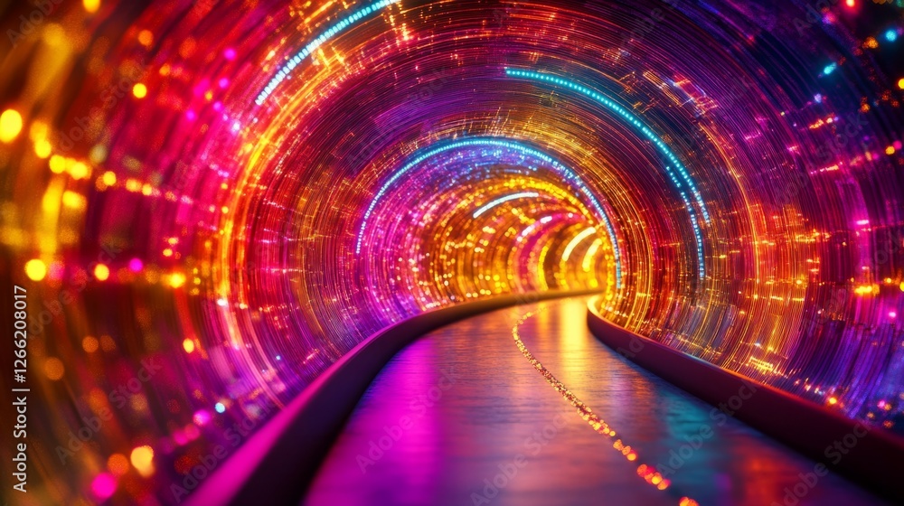 Poster abstract tunnel with vibrant neon lights, glowing lines, and floating particles, creating a sci-fi-i