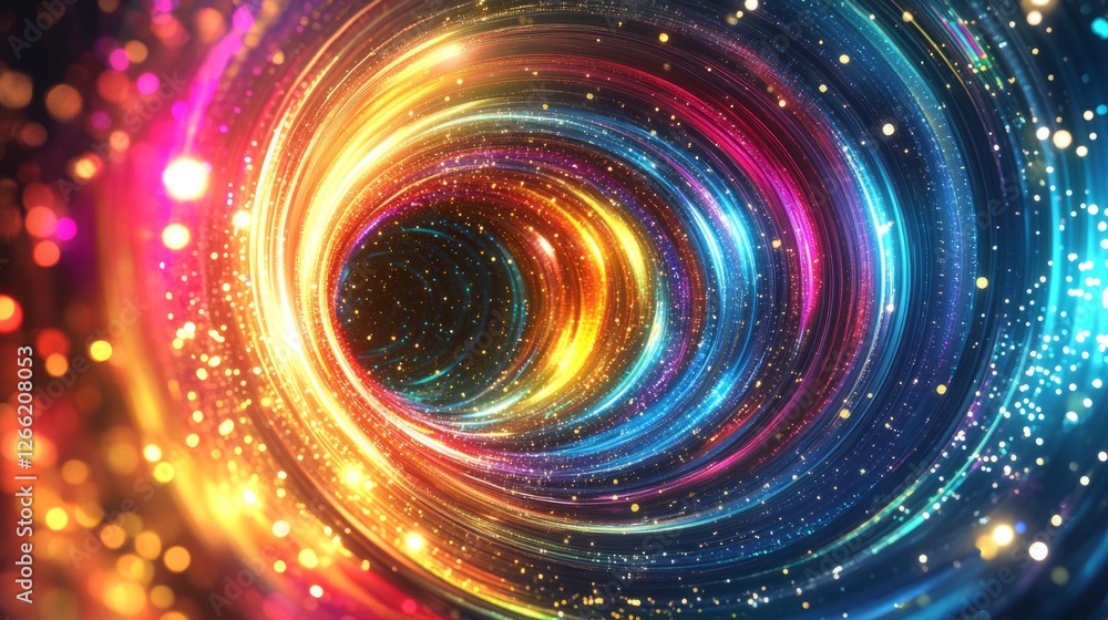 Poster abstract tunnel with vibrant neon lights, glowing lines, and floating particles, creating a sci-fi-i