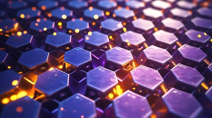 Obraz premium Futuristic hexagonal grid background with glowing orange lights and metallic purple surfaces, creating a high-tech, cyberpunk-inspired abstract 3D design perfect for technology themes
