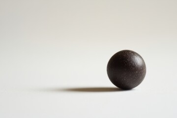 A dark speckled ball rests on a bright white surface