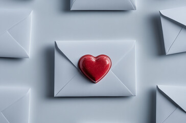 A white envelope with a red heart-shaped seal on it, surrounded by more envelopes, all against a clean background
