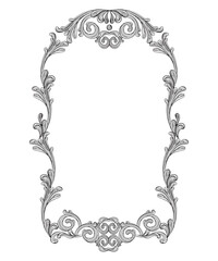 Vintage ornate baroque frame. Hand drawing border scroll floral swirl ornament. Vector illustration. Engraving retro filigree frame design element, antique style. For wedding invitation, greeting card
