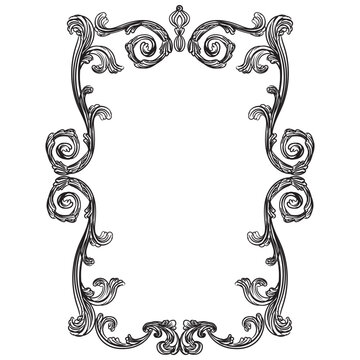 recommend clip art: Vintage ornate baroque frame. Hand drawing border scroll floral swirl ornament. Vector illustration. Engraving retro filigree frame design element, antique style. For wedding invitation, greeting card